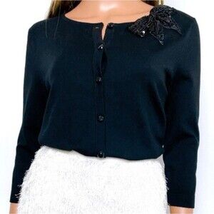 August Silk Dainty Beaded Bow Button Up Black Cardigan Sweater Large 3/4…